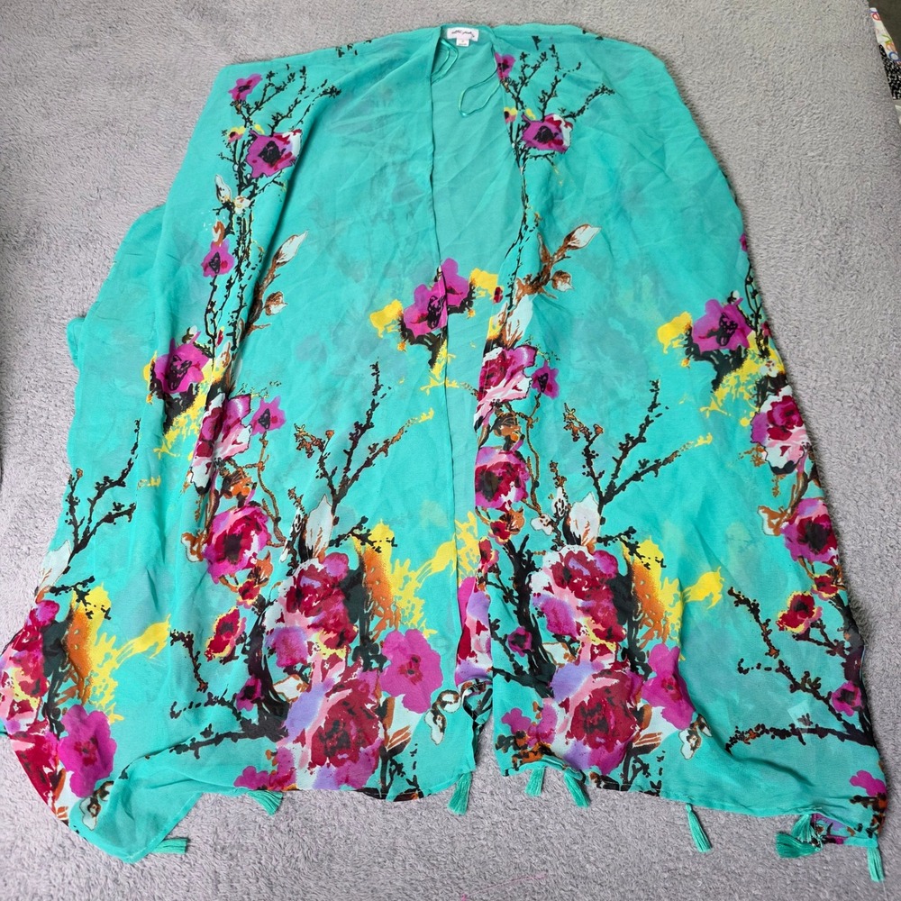 Ultra Pink Womens 2X Kimono Wrap Turquoise Floral Tassel Hem Sheer Cover Up